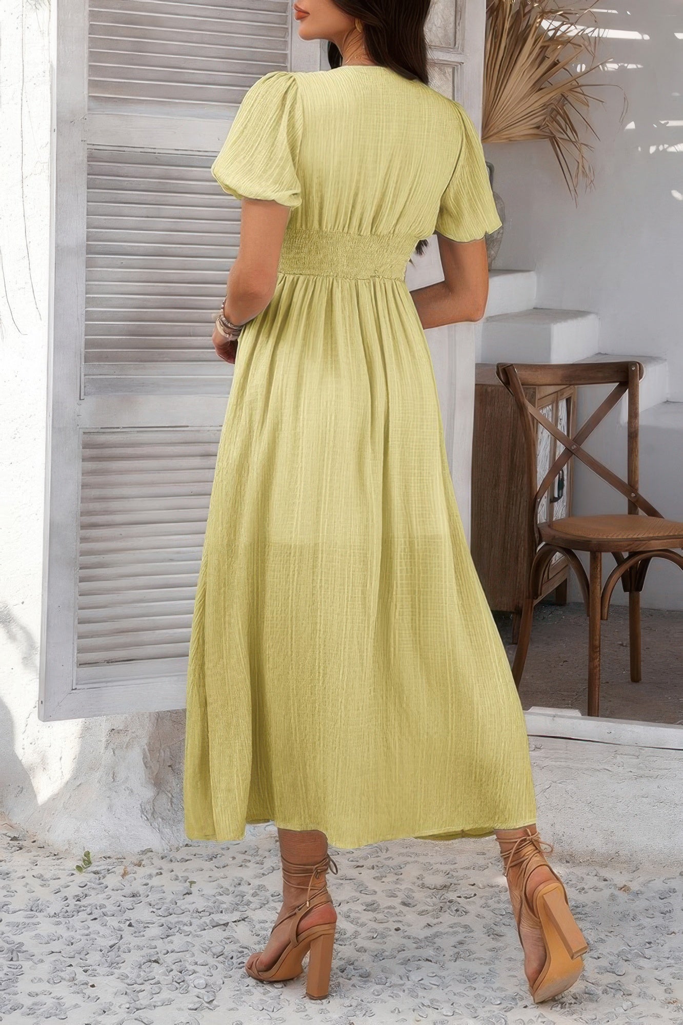Solid V Neck Puff Sleeves Solid Knot Detail Dress - Tigbul's Variety Fashion Shop
