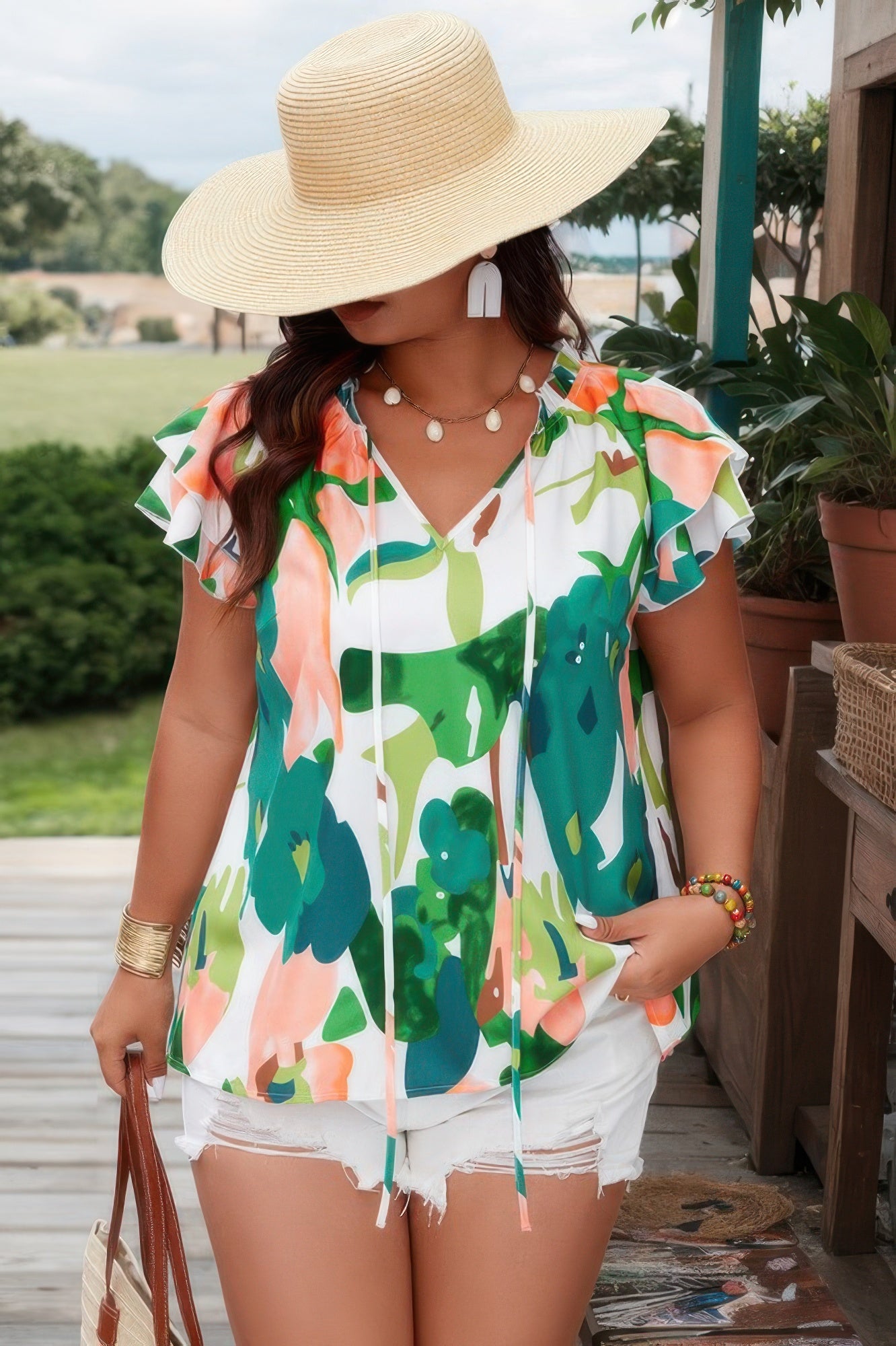 Plus Size Print Knot Neck Ruffle Fit Top - Tigbul's Variety Fashion Shop