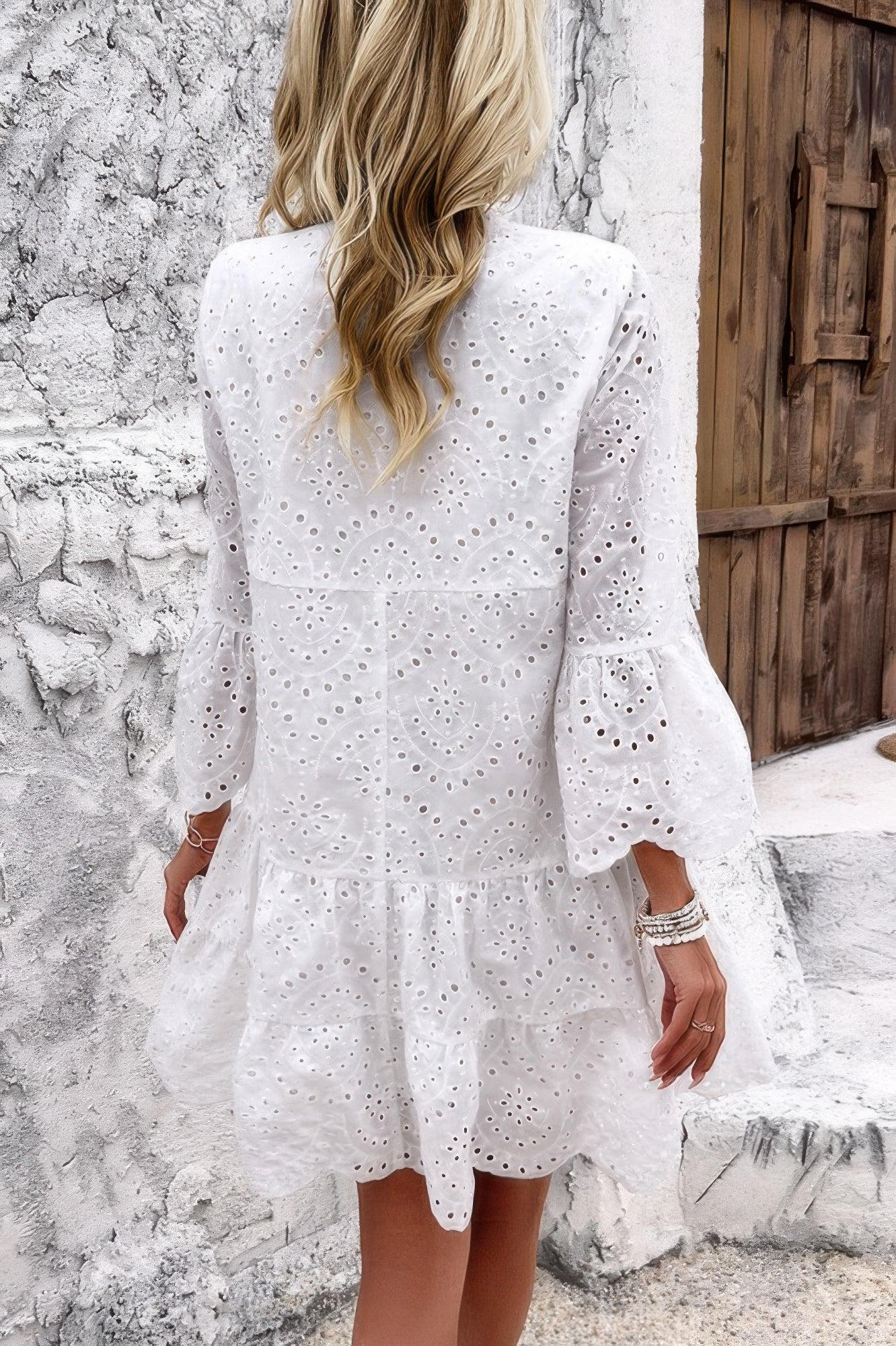 V Neck Button Flared Sleeves Hollow Out Lace Dress - Tigbul's Variety Fashion Shop