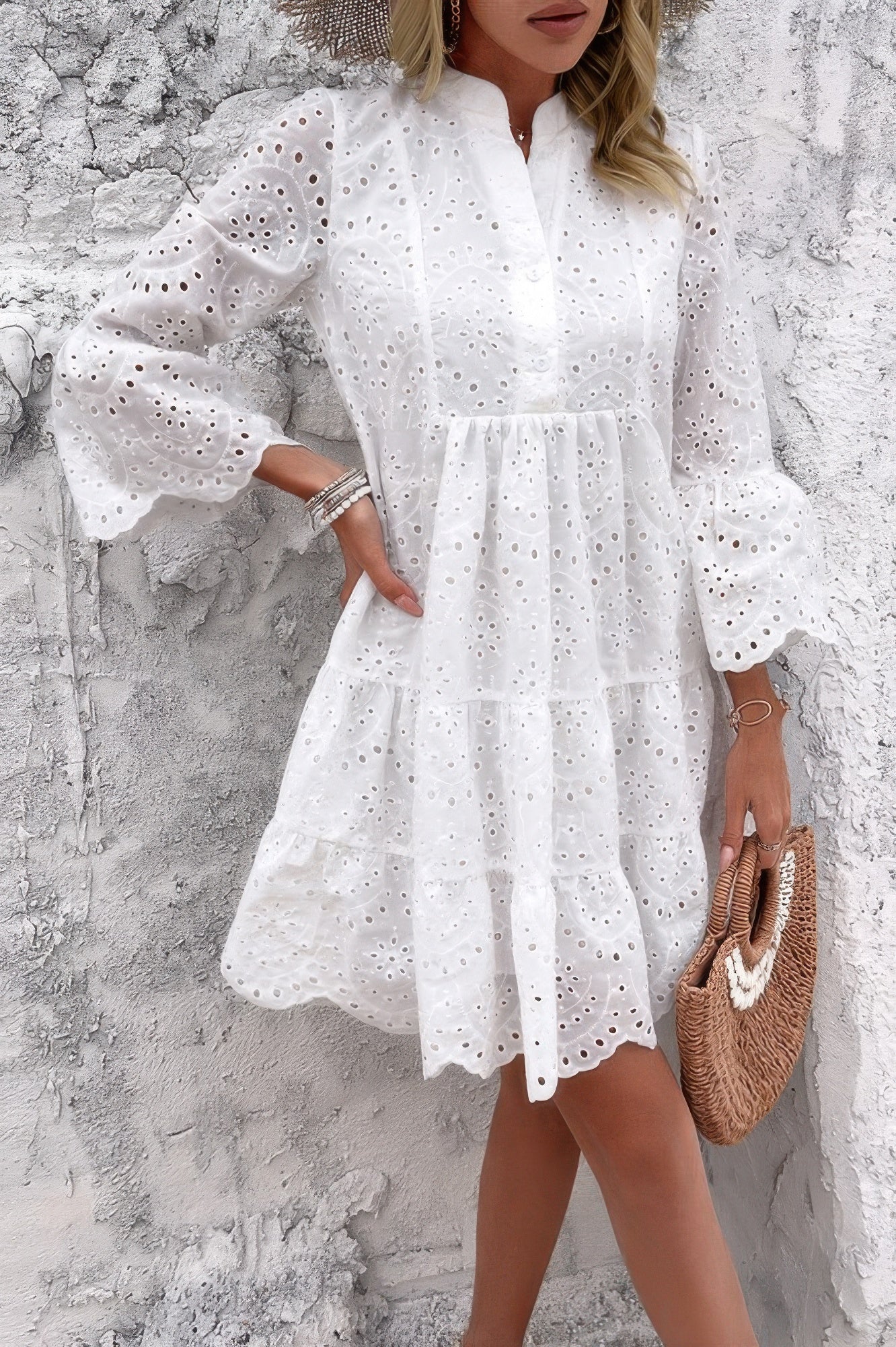 V Neck Button Flared Sleeves Hollow Out Lace Dress - Tigbul's Variety Fashion Shop
