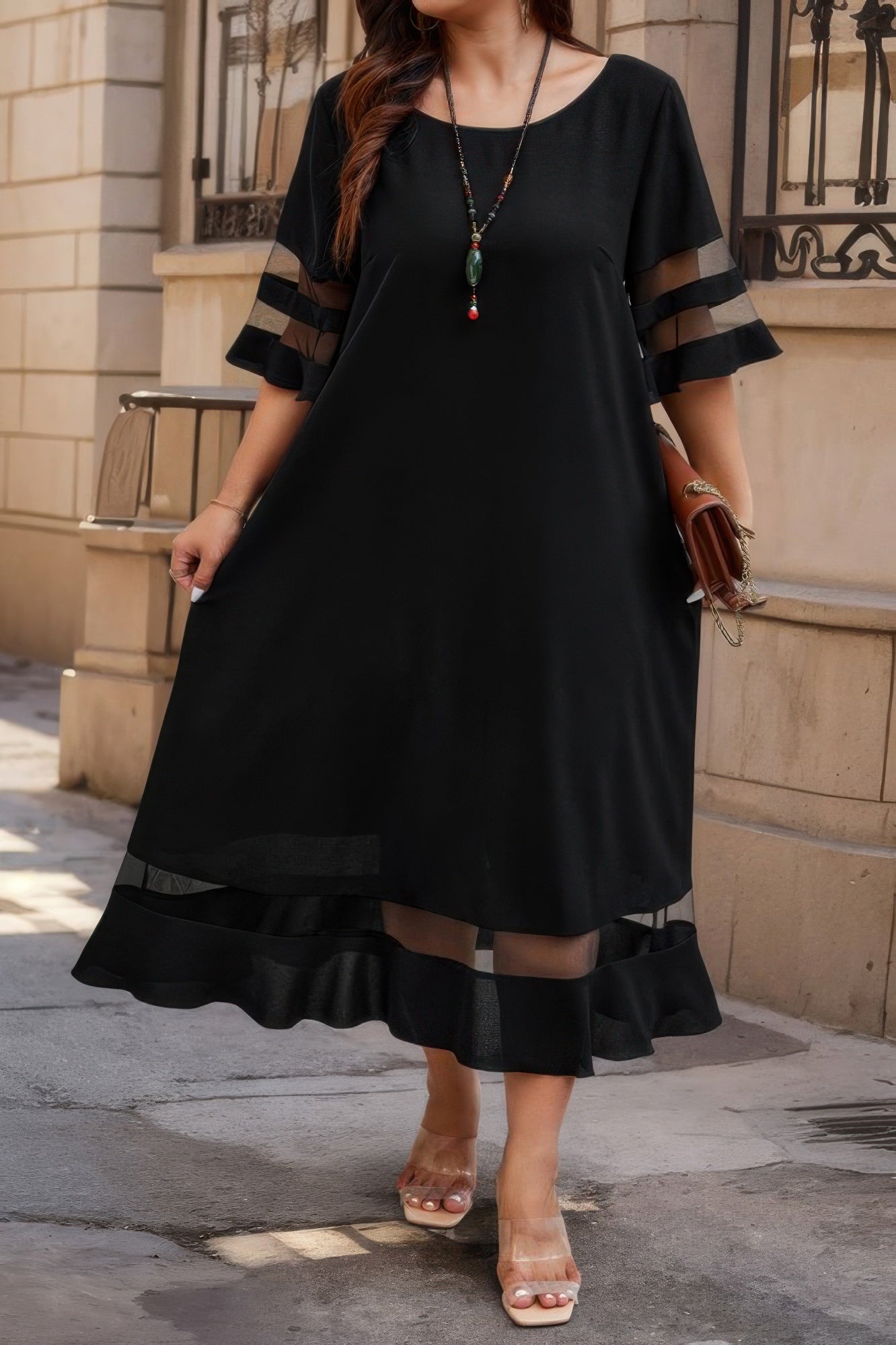 Plus Size Mesh Splicing Round Neck Long Black Dress - Tigbul's Variety Fashion Shop