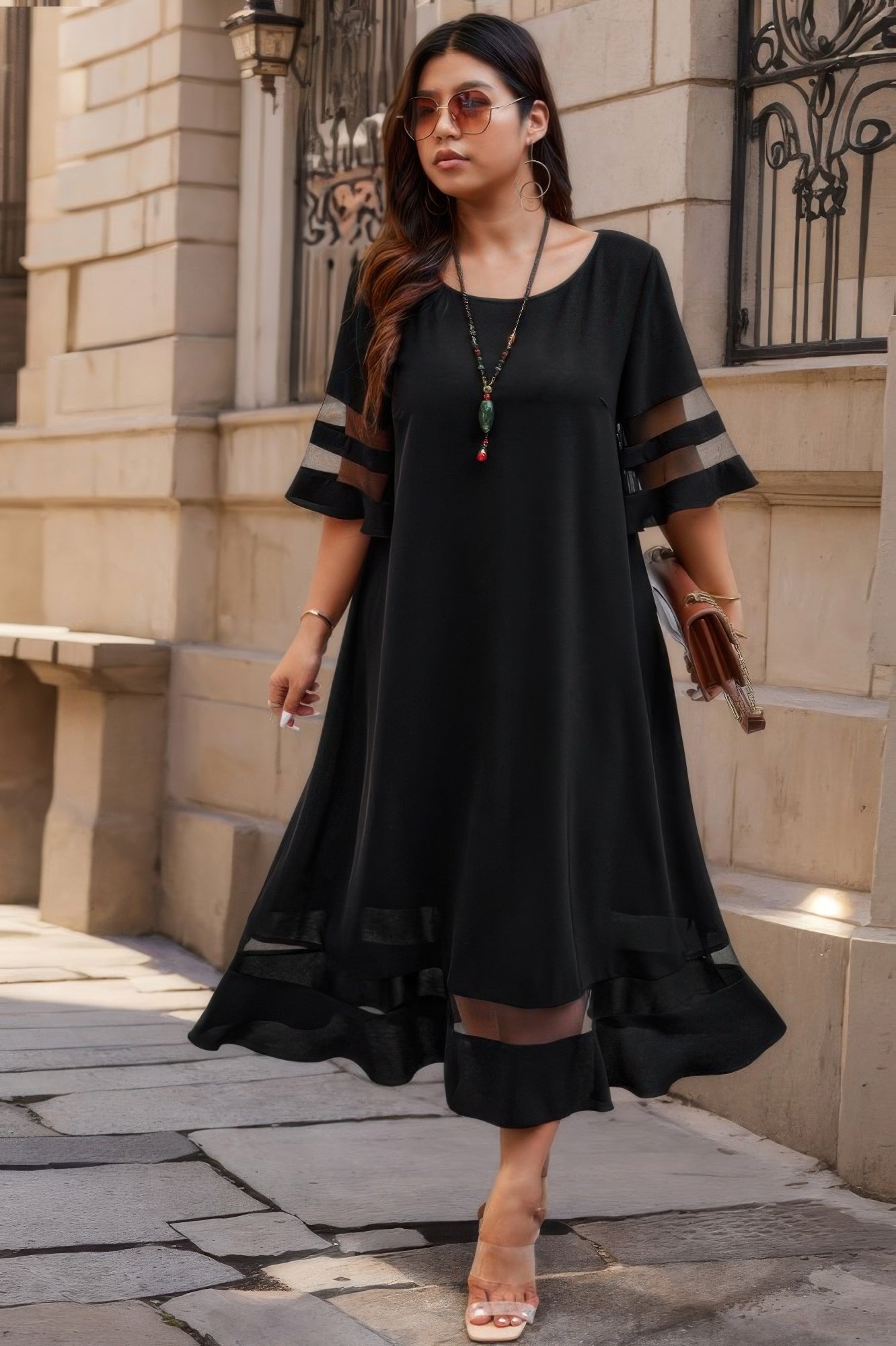 Plus Size Mesh Splicing Round Neck Long Black Dress - Tigbul's Variety Fashion Shop