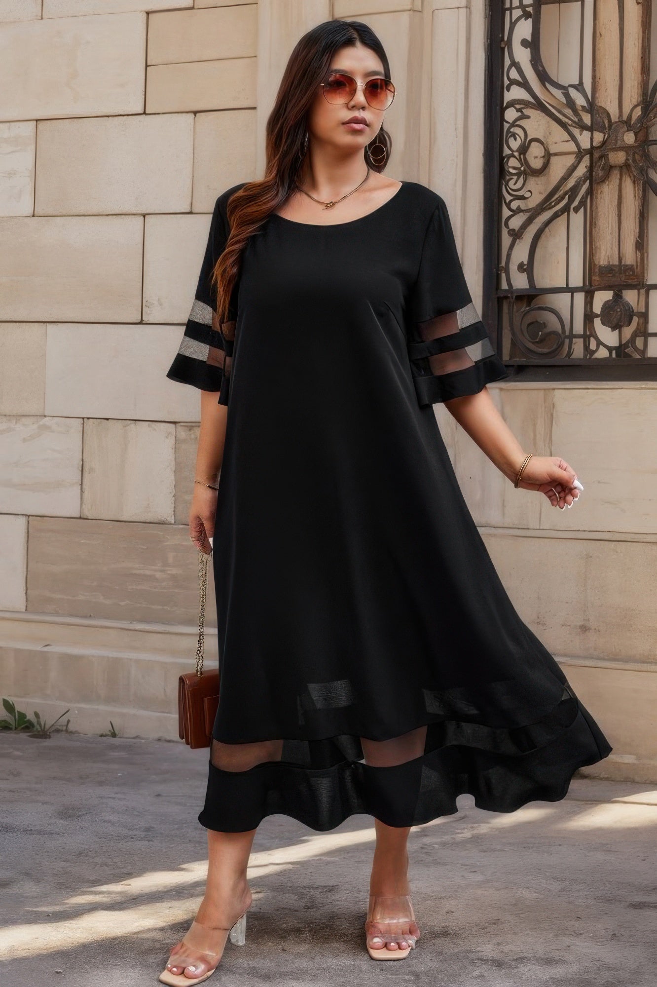 Plus Size Mesh Splicing Round Neck Long Black Dress - Tigbul's Variety Fashion Shop