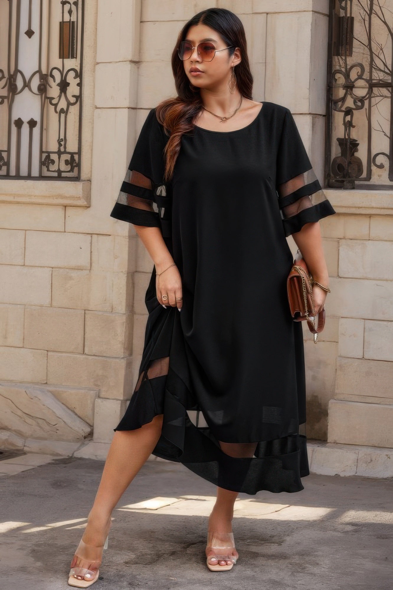 Plus Size Mesh Splicing Round Neck Long Black Dress - Tigbul's Variety Fashion Shop