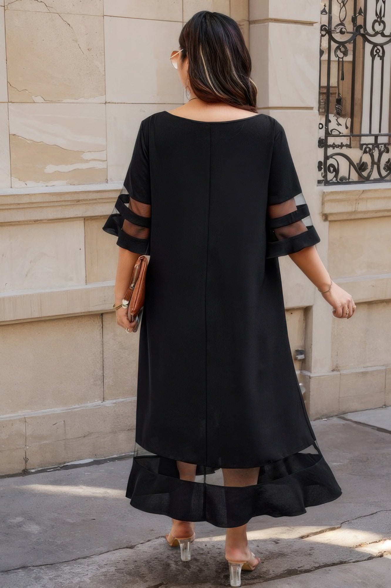 Plus Size Mesh Splicing Round Neck Long Black Dress - Tigbul's Variety Fashion Shop