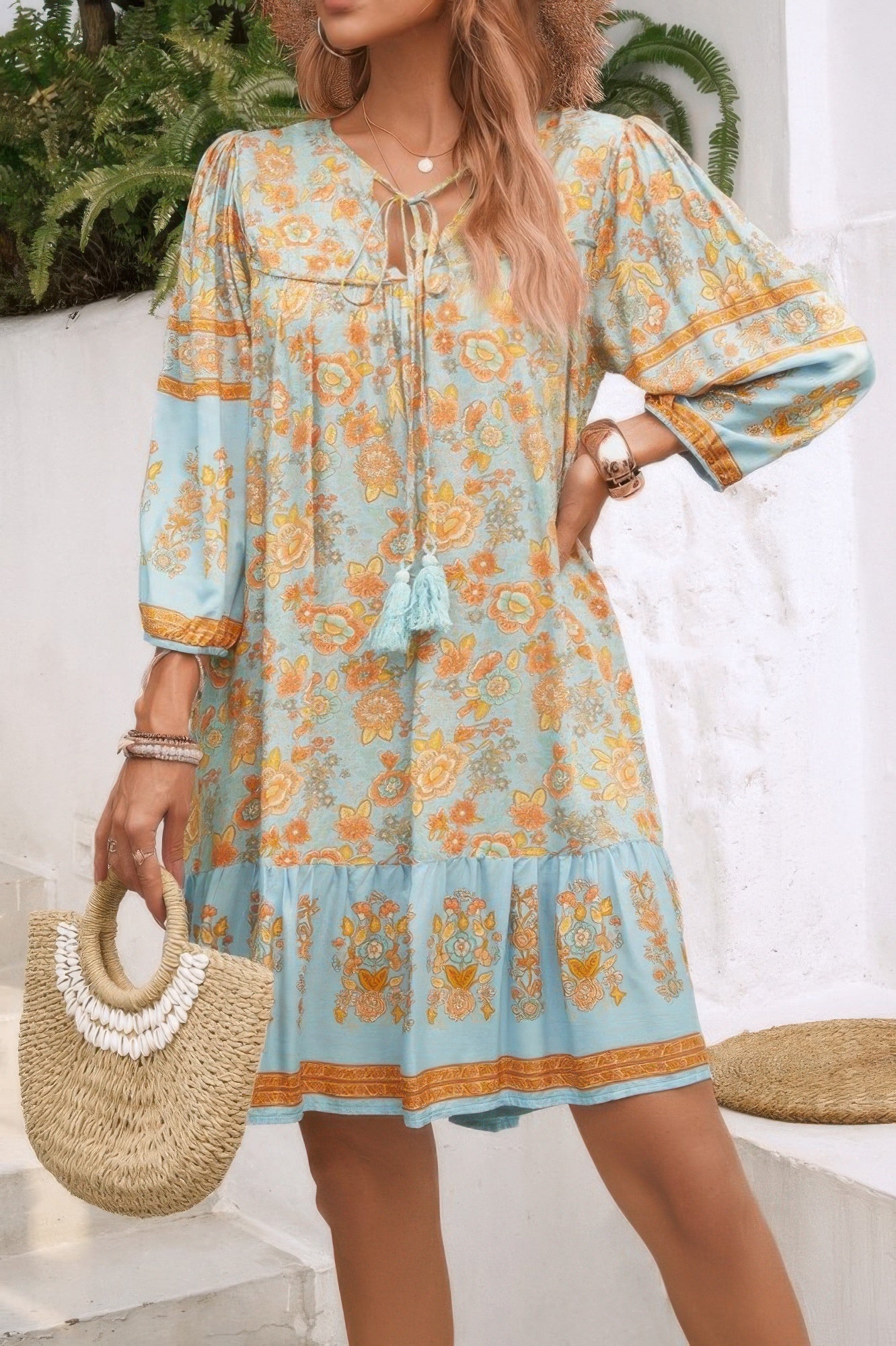 Ruched Boho Print V Neck Ruffle Hem Tassel Dress - Tigbul's Variety Fashion Shop