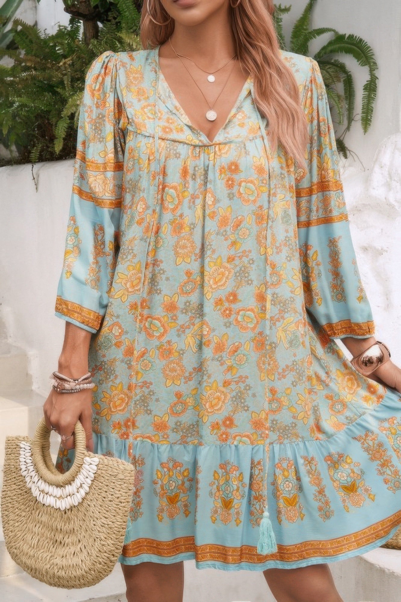 Ruched Boho Print V Neck Ruffle Hem Tassel Dress - Tigbul's Variety Fashion Shop