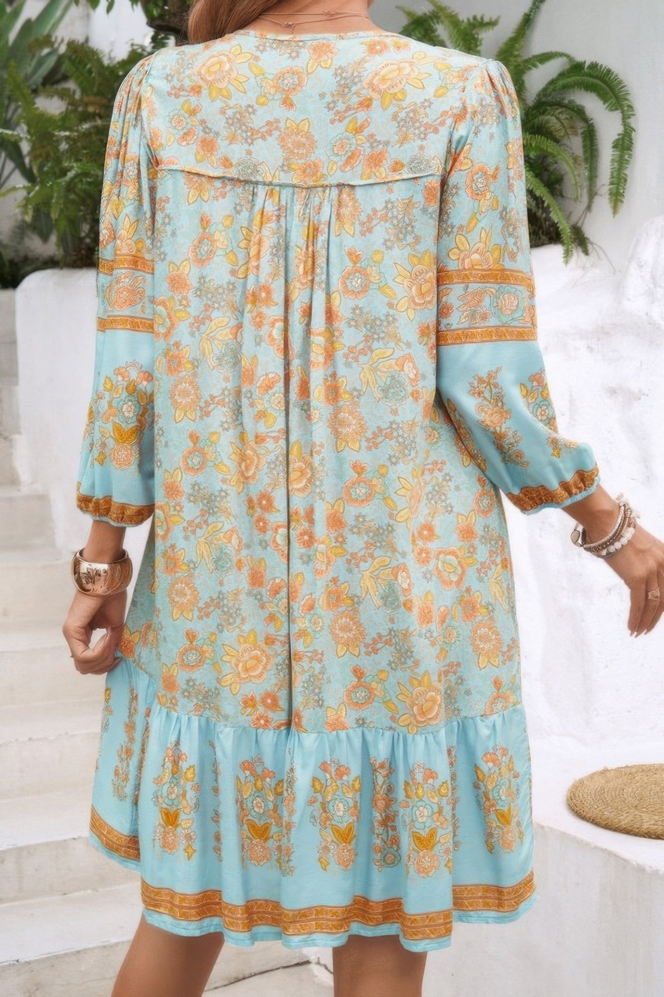 Ruched Boho Print V Neck Ruffle Hem Tassel Dress - Tigbul's Variety Fashion Shop
