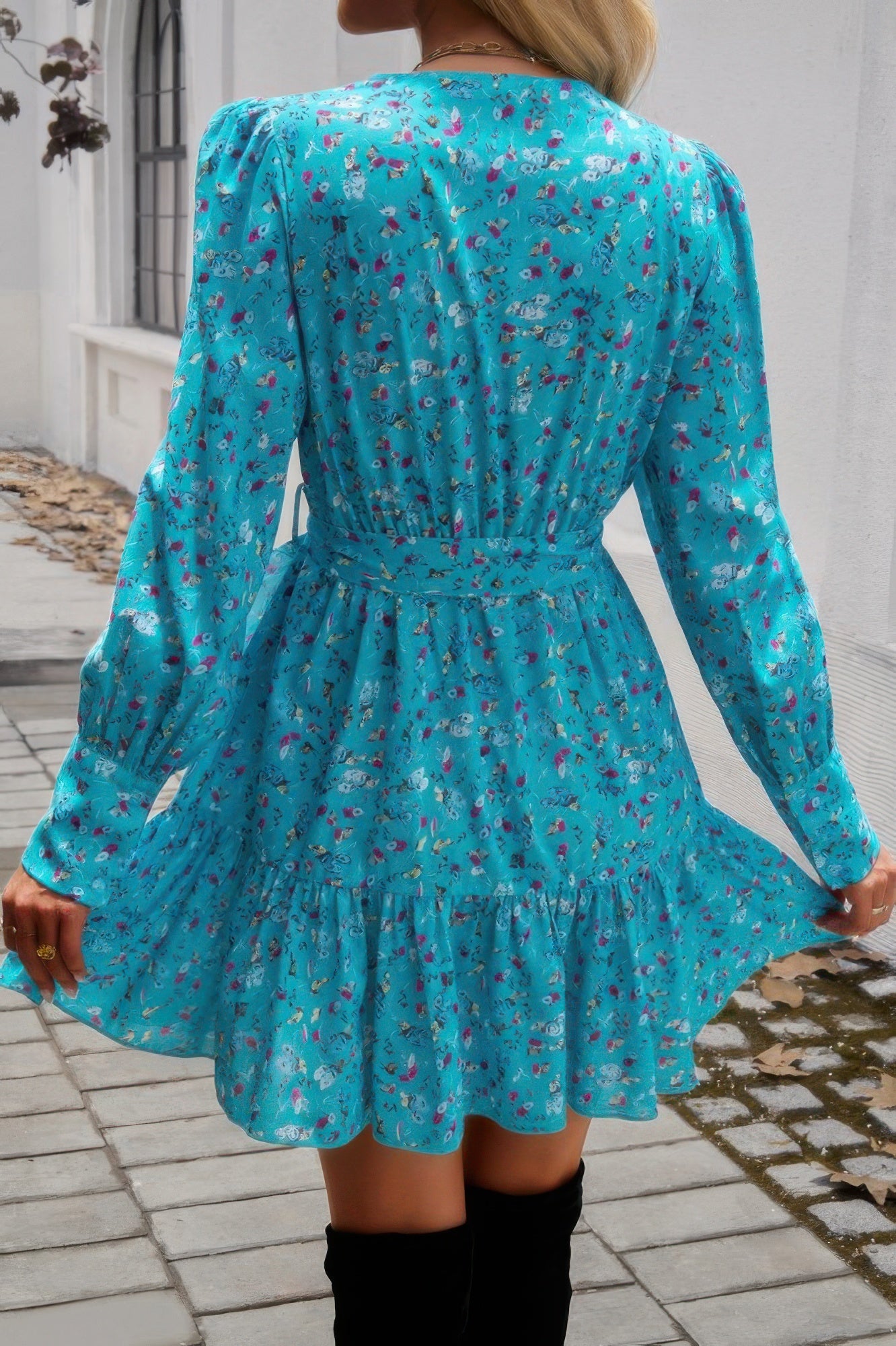 Ruffled Printed Surplice Long Sleeve Mini Dress - Tigbul's Variety Fashion Shop