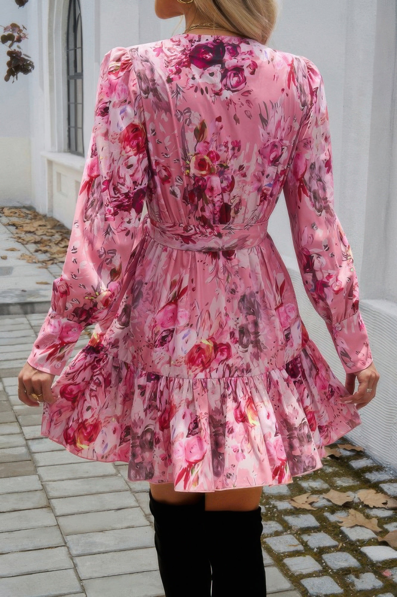 Ruffled Printed Surplice Long Sleeve Mini Dress - Tigbul's Variety Fashion Shop