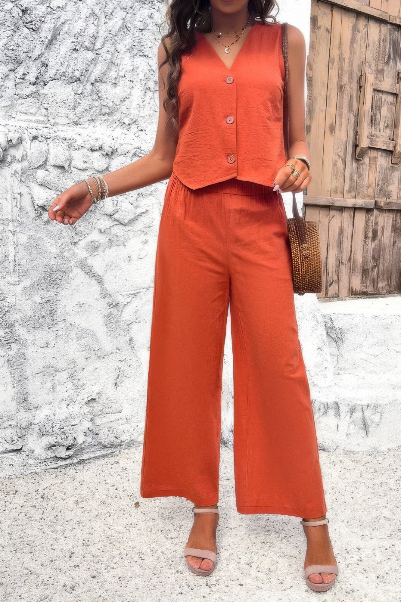Two Piece Sleeveless Button V Neck Solid Sets - Tigbul's Variety Fashion Shop