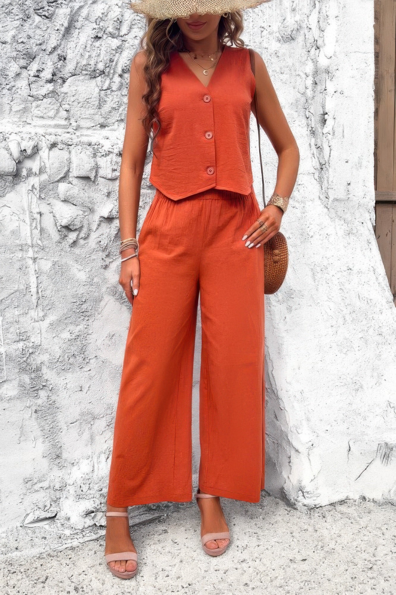 Two Piece Sleeveless Button V Neck Solid Sets - Tigbul's Variety Fashion Shop