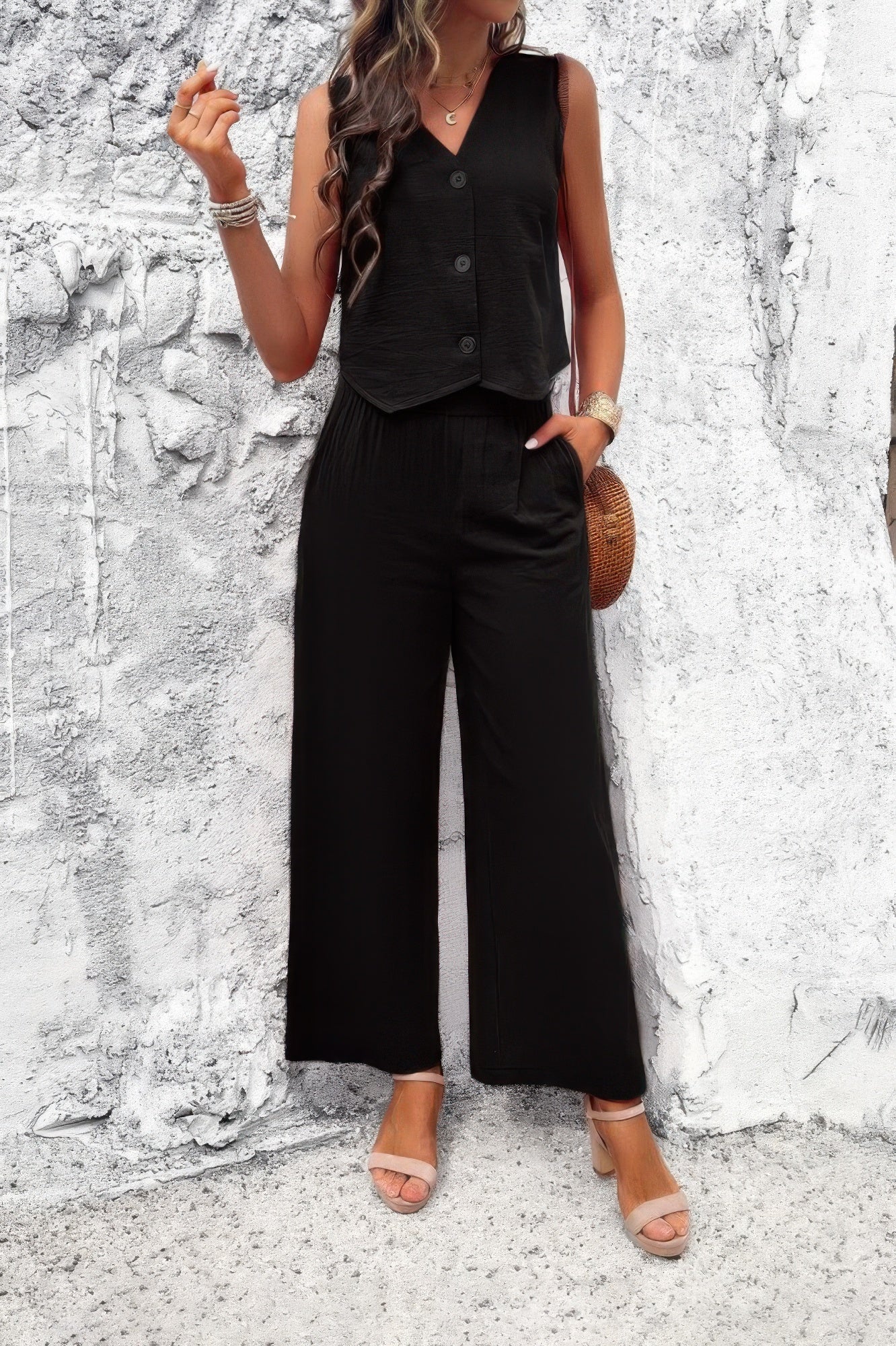 Two Piece Sleeveless Button V Neck Solid Sets - Tigbul's Variety Fashion Shop
