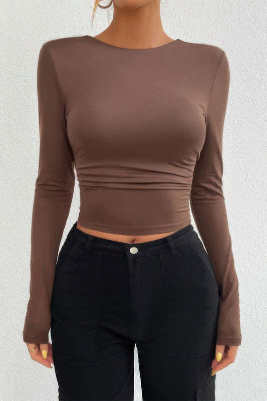 Plain Long Sleeve Open Back Slim Fit Top - Tigbul's Variety Fashion Shop