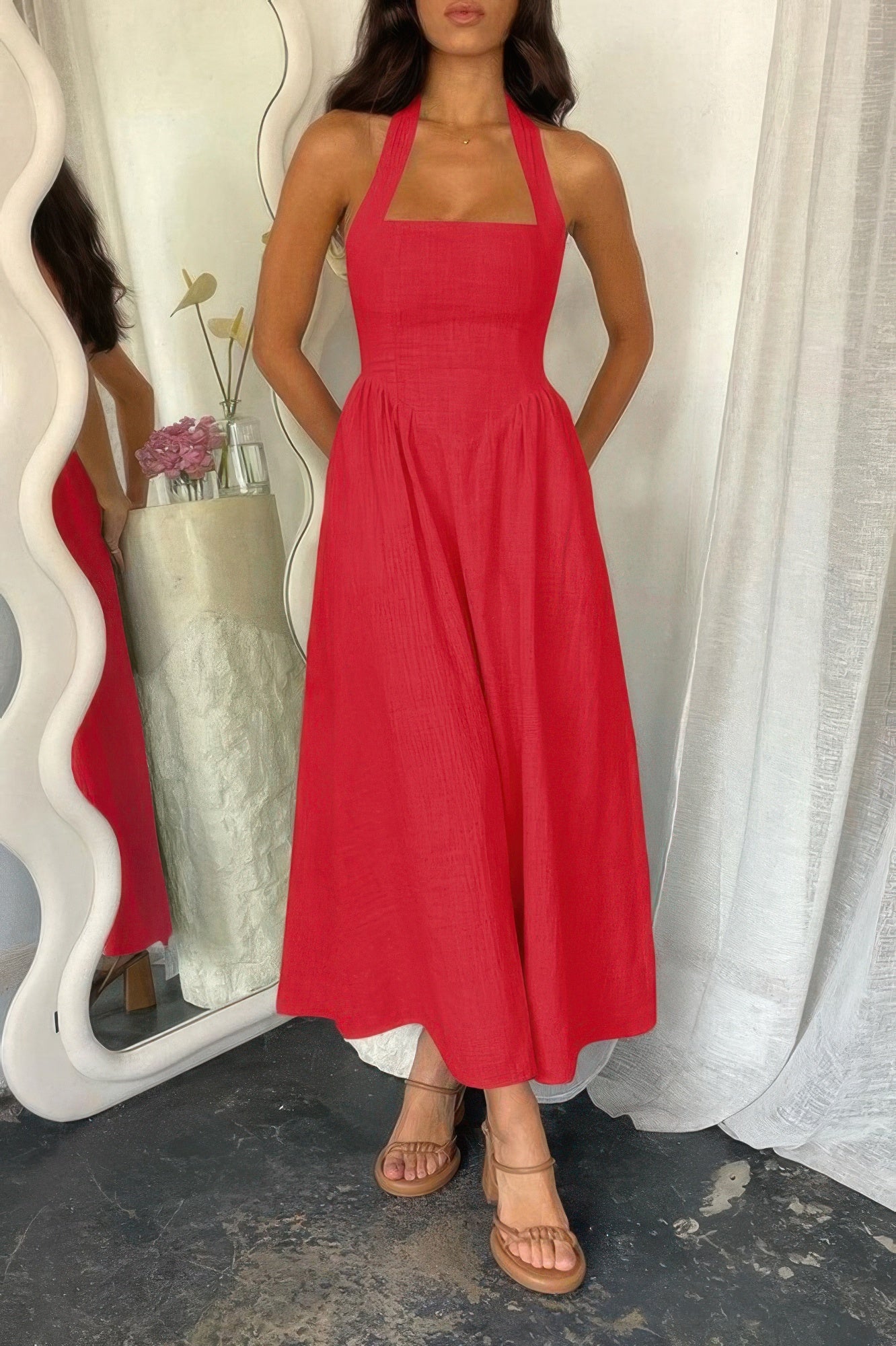 Halter Solid Pockets Sleeveless A Line Long Dress - Tigbul's Variety Fashion Shop