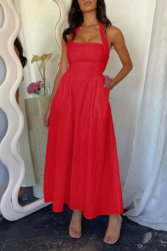 Halter Solid Pockets Sleeveless A Line Long Dress - Tigbul's Variety Fashion Shop