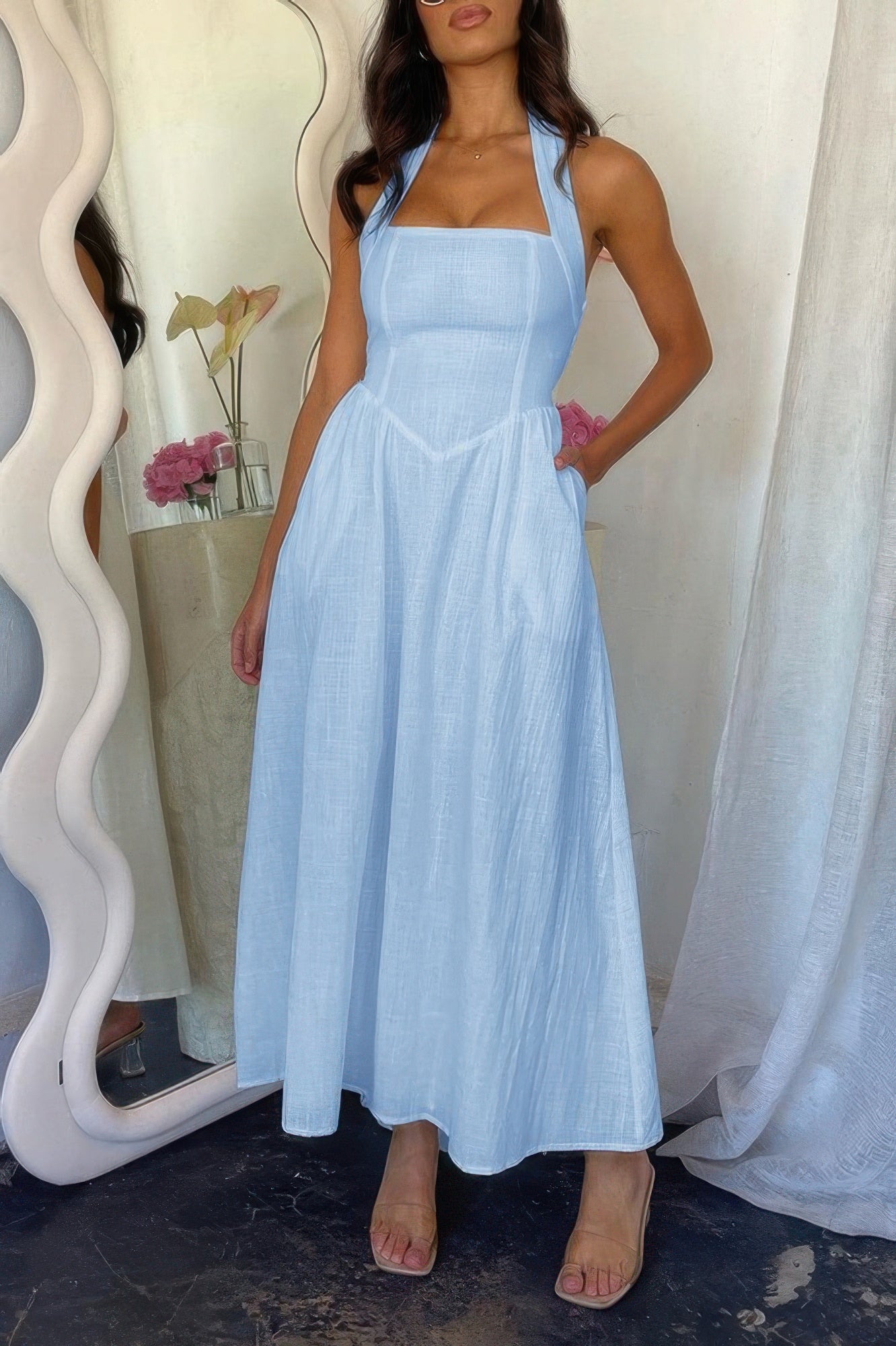 Halter Solid Pockets Sleeveless A Line Long Dress - Tigbul's Variety Fashion Shop