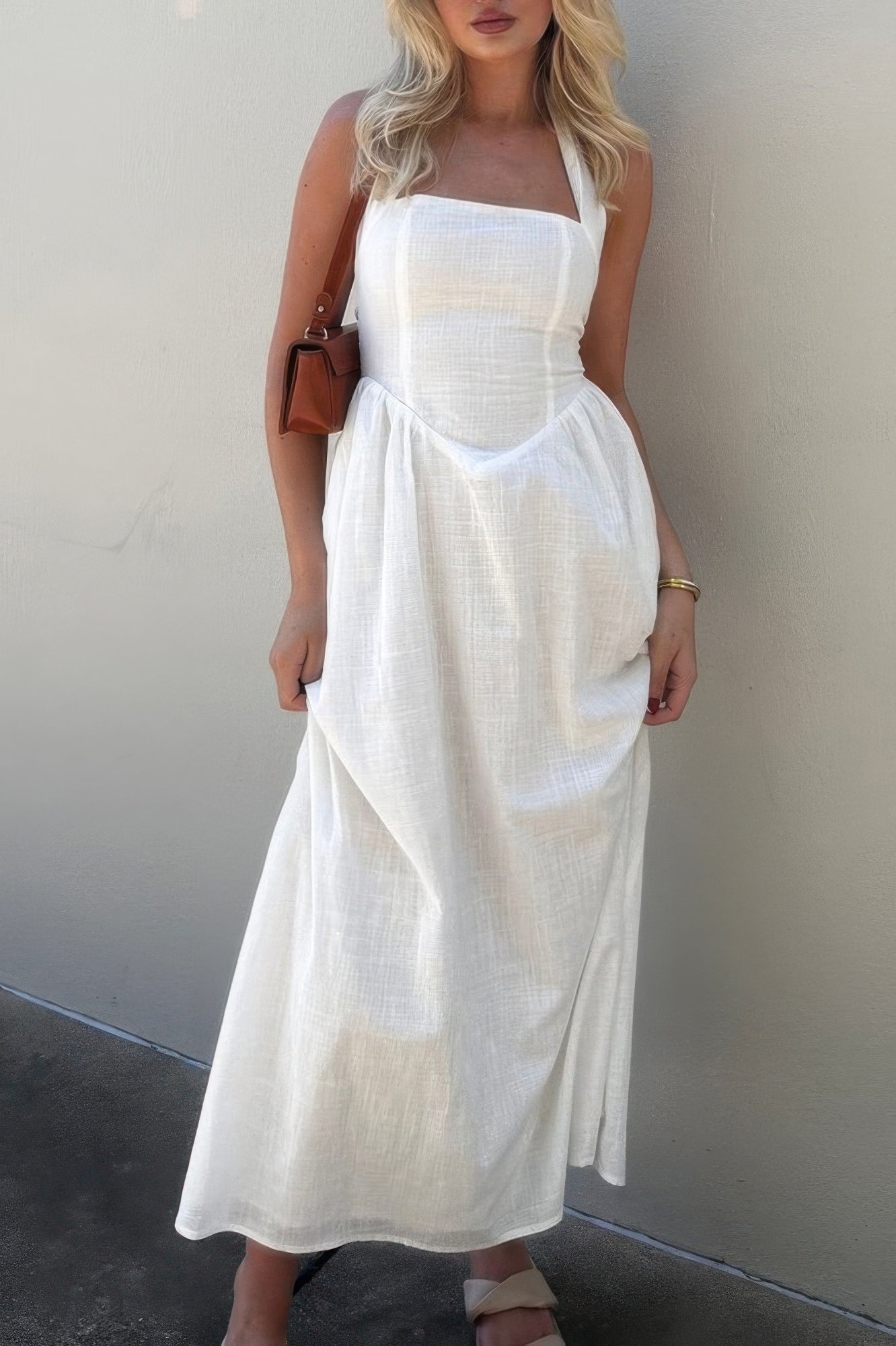 Halter Solid Pockets Sleeveless A Line Long Dress - Tigbul's Variety Fashion Shop