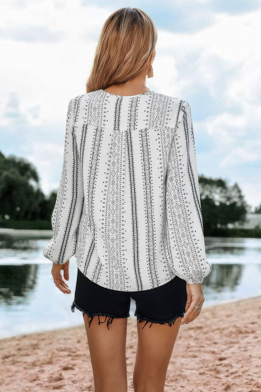 Color Block Graphic Print V Neck Ruffle Blouse - Tigbul's Variety Fashion Shop