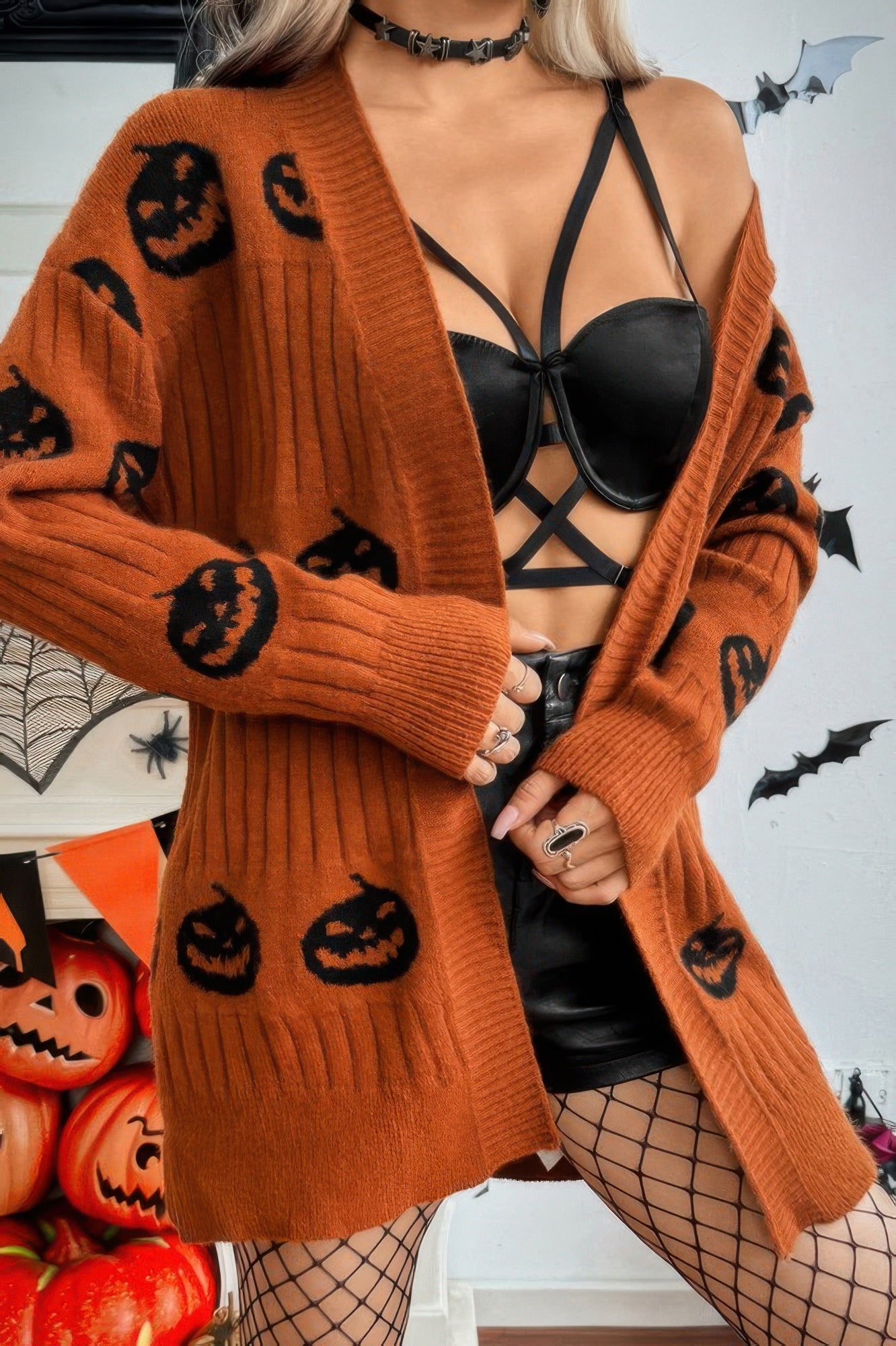 Pumpkin Print Open Front Long Sleeve Cardigan - Tigbul's Variety Fashion Shop