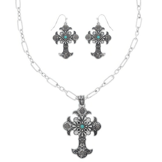 Western Turquoise Cross Necklace Set - Tigbul's Variety Fashion Shop