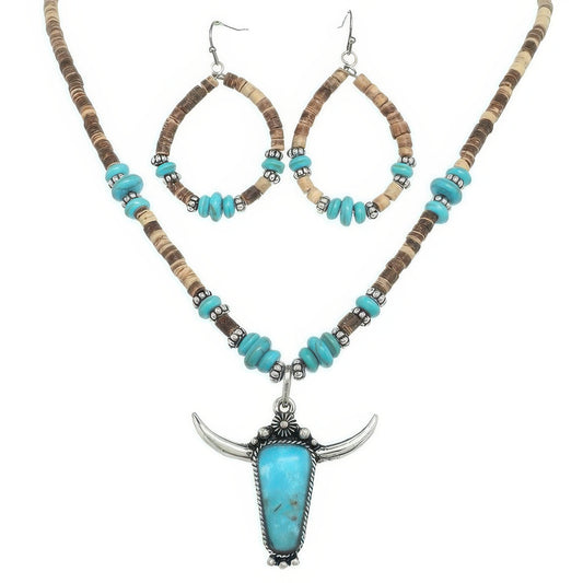 Western Wood Bead Mix Longhorn Necklace Set - Tigbul's Variety Fashion Shop