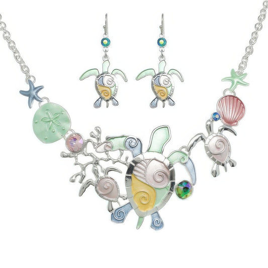 Sea Life Rhinestone Metal Bib Necklace Set - Tigbul's Variety Fashion Shop