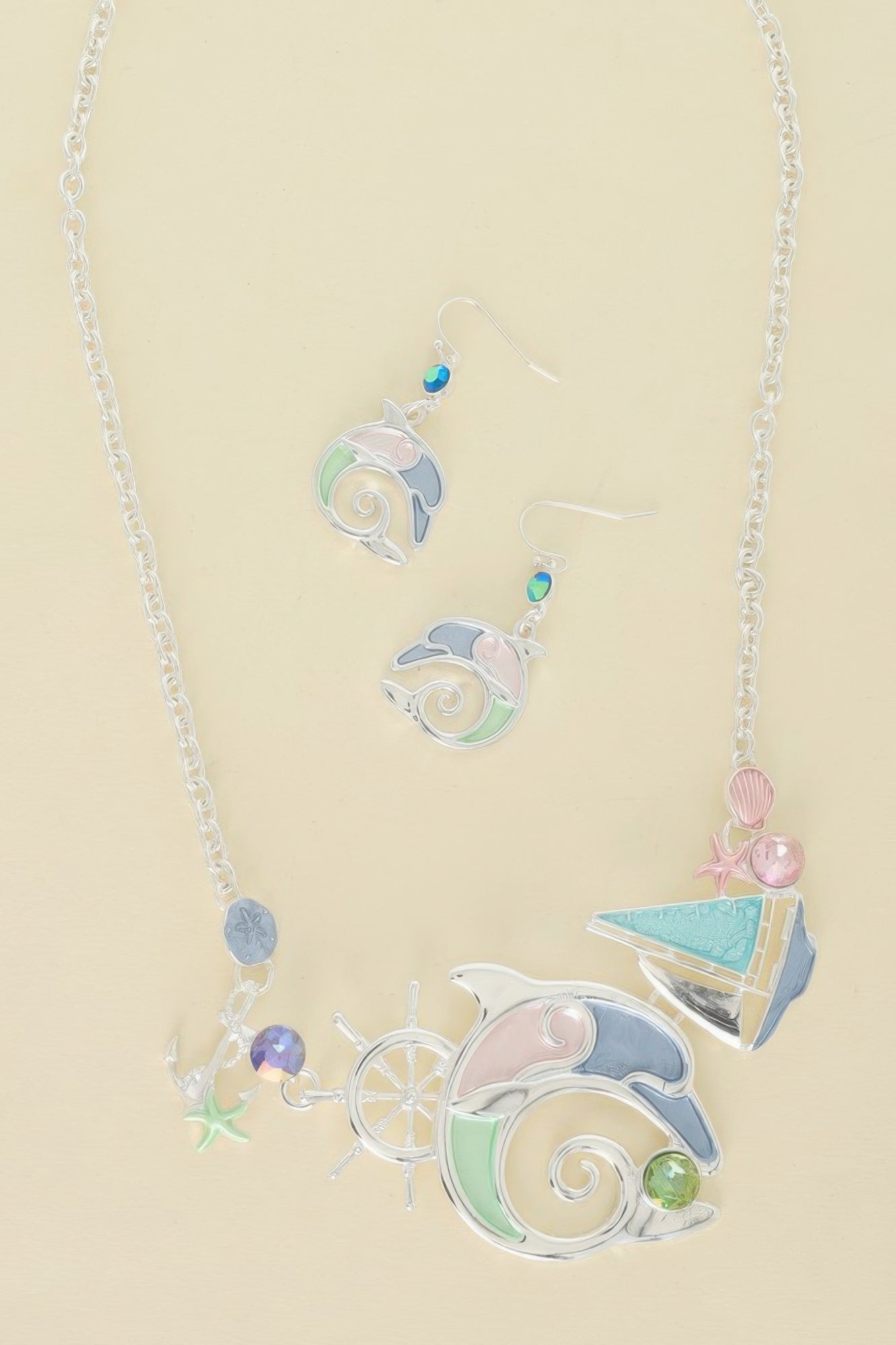 Sea Life Dolphin Rhinestone Metal Bib Necklace Set - Tigbul's Variety Fashion Shop