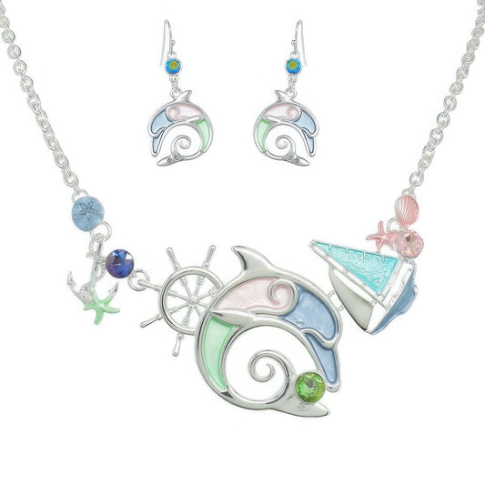 Sea Life Dolphin Rhinestone Metal Bib Necklace Set - Tigbul's Variety Fashion Shop