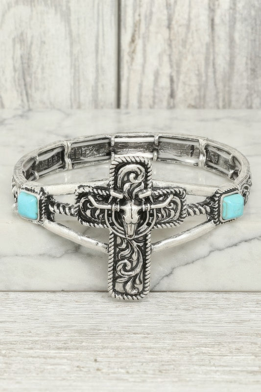 Western Steerhead Cross Stretch Bracelet - Tigbul's Variety Fashion Shop