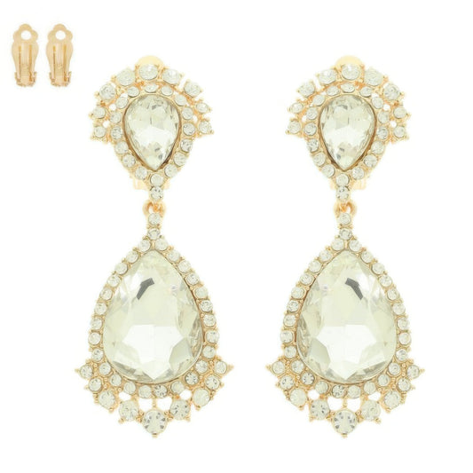 Teardrop Crystal Halo Clip On Earrings - Tigbul's Variety Fashion Shop