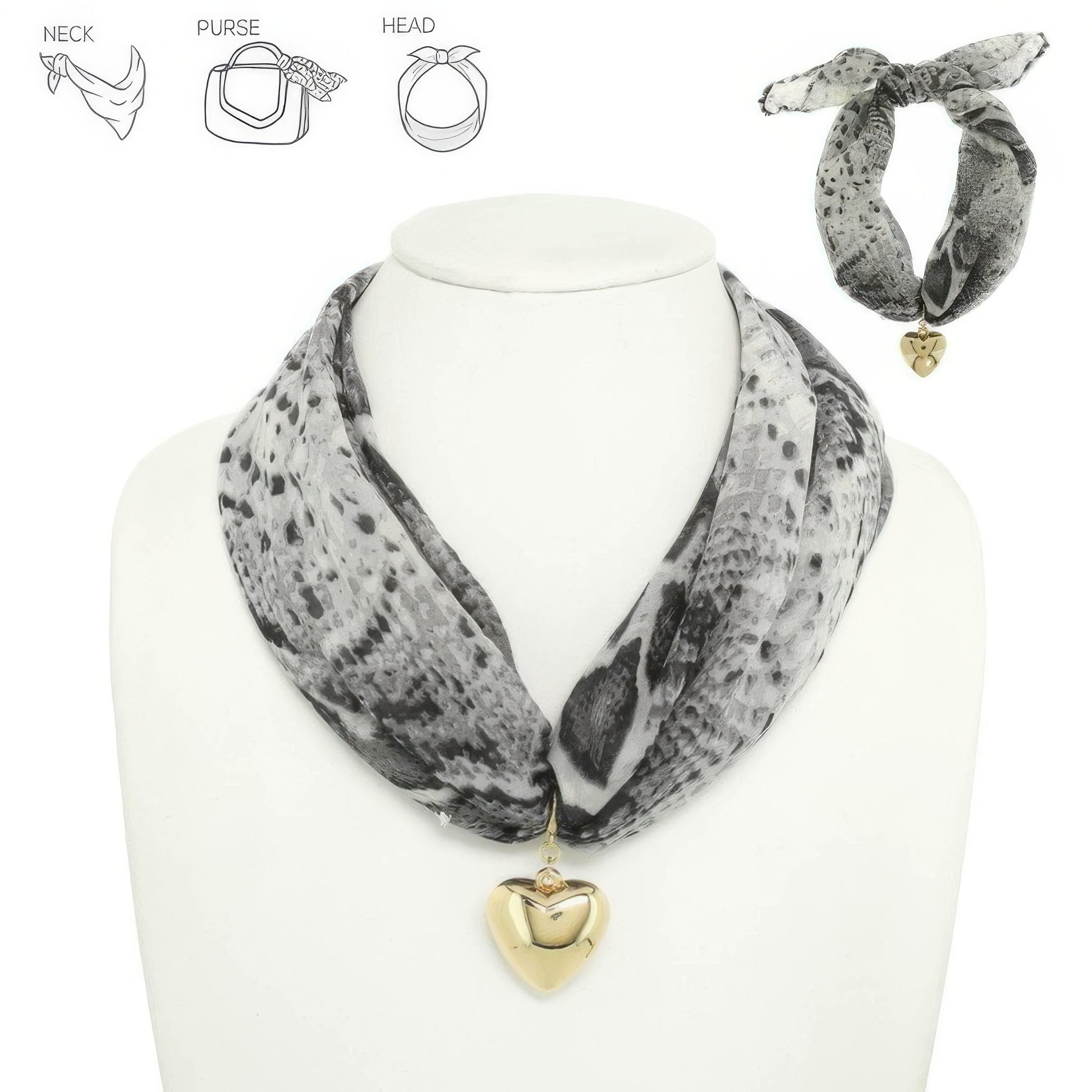 Graphic Print Heart Pendant Scarf Tie Necklace - Tigbul's Variety Fashion Shop