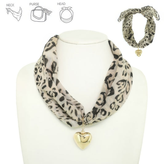 Graphic Print Heart Pendant Scarf Tie Necklace - Tigbul's Variety Fashion Shop