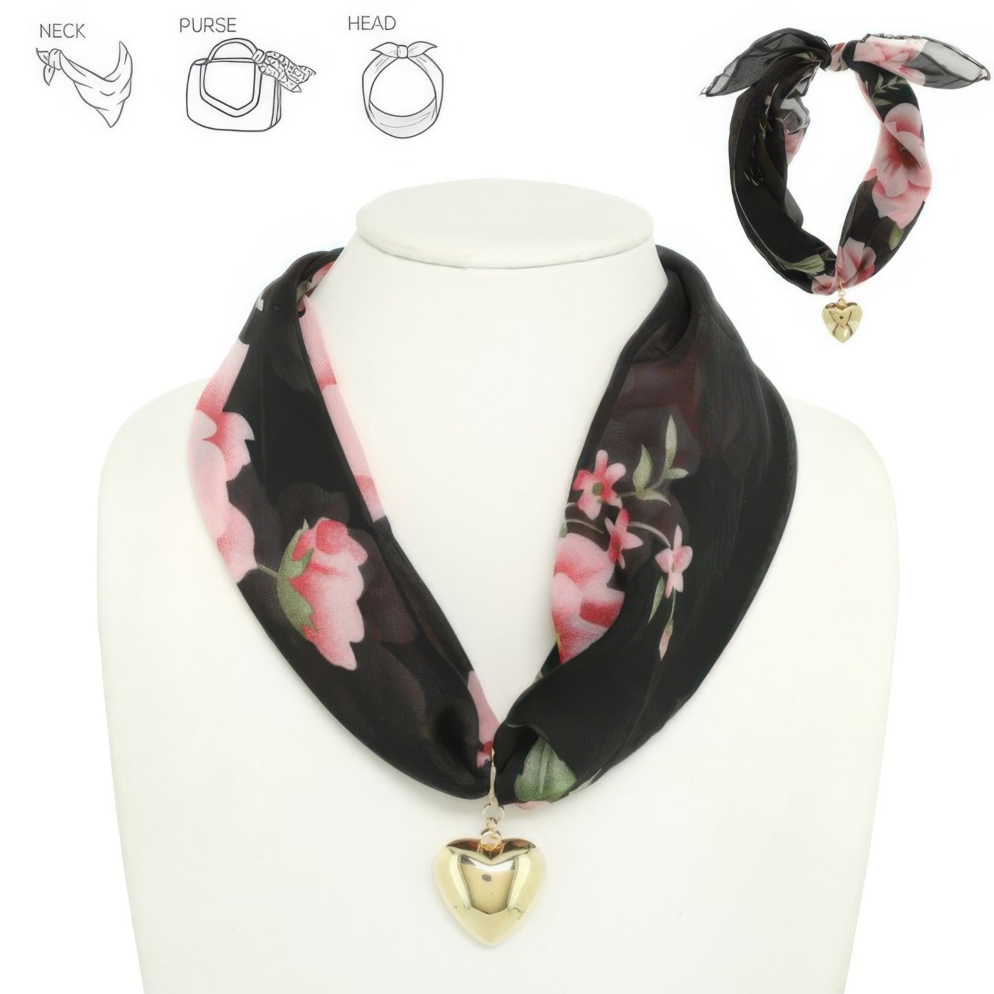 Graphic Print Heart Pendant Scarf Tie Necklace - Tigbul's Variety Fashion Shop