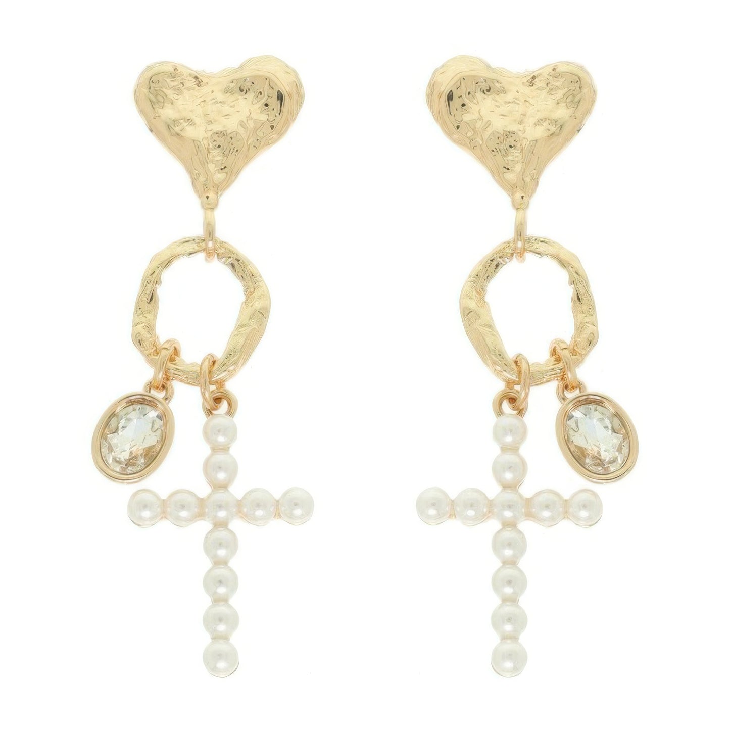 Jeweled Cross Heart Charm Earrings - Tigbul's Variety Fashion Shop