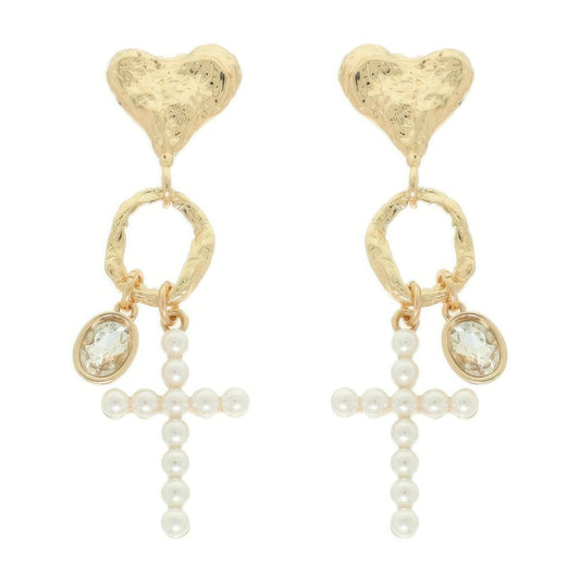 Jeweled Cross Heart Charm Earrings - Tigbul's Variety Fashion Shop