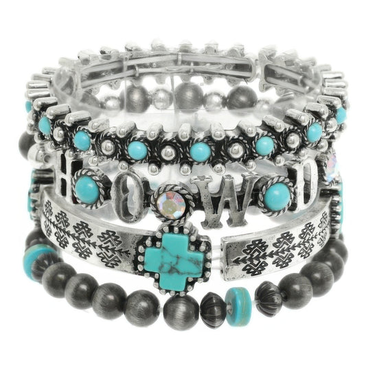 4pc Western Jeweled Beaded Cross Bracelet Set - Tigbul's Variety Fashion Shop
