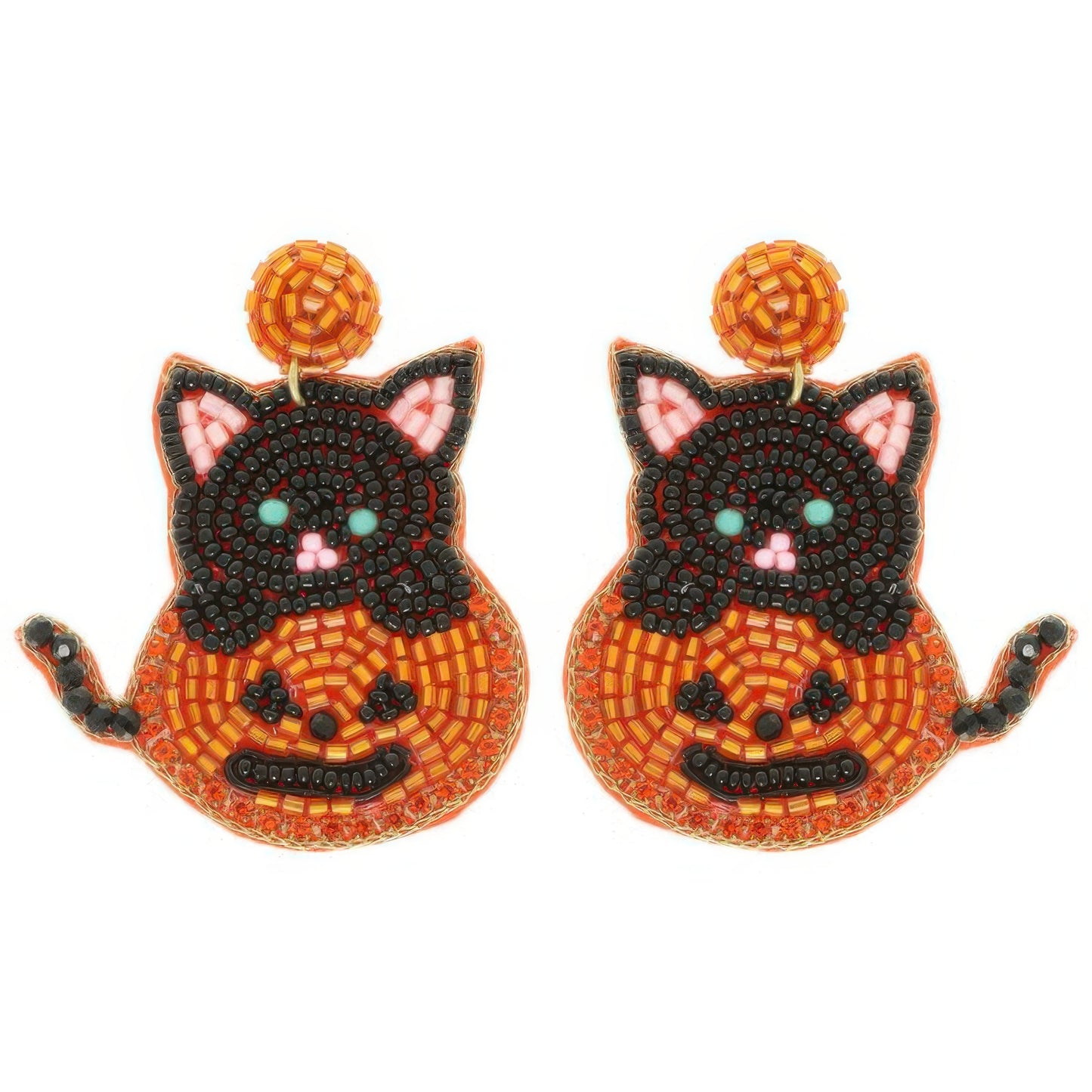 Halloween Jack O Lantern Kitty Beaded Earrings - Tigbul's Variety Fashion Shop