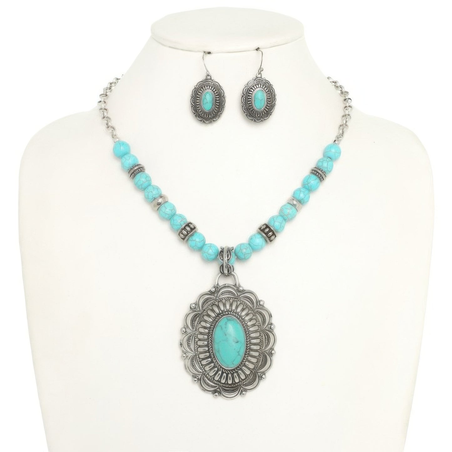 Western Oval Turquoise Concho Beaded Necklace Set - Tigbul's Variety Fashion Shop