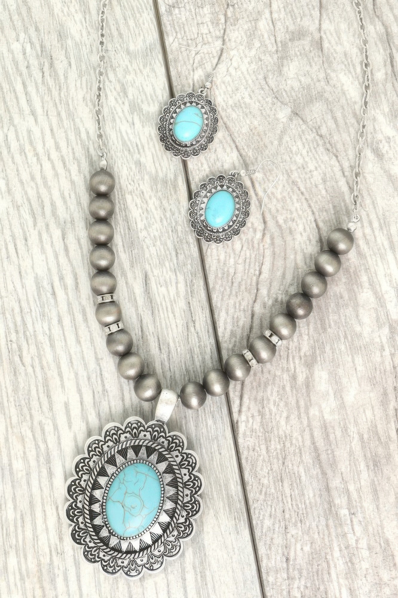 Western Oval Turquoise Concho Beaded Necklace Set - Tigbul's Variety Fashion Shop
