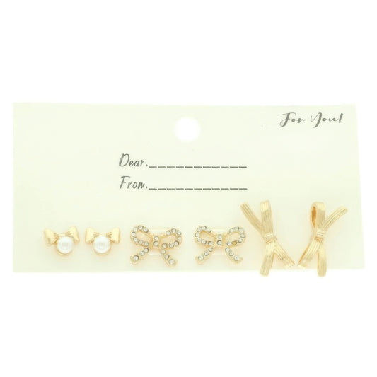3 Pair Jeweled Bow Stud Earring Set - Tigbul's Variety Fashion Shop
