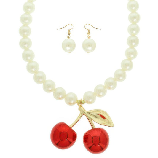 Red Cherry Pendant Pearl Necklace Set - Tigbul's Variety Fashion Shop
