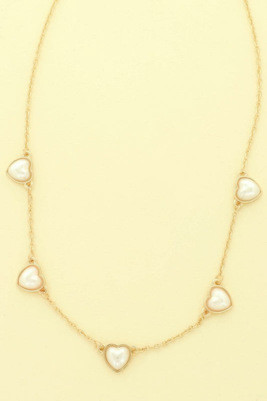 Bezel Set Pearl Heart Station Necklace - Tigbul's Variety Fashion Shop