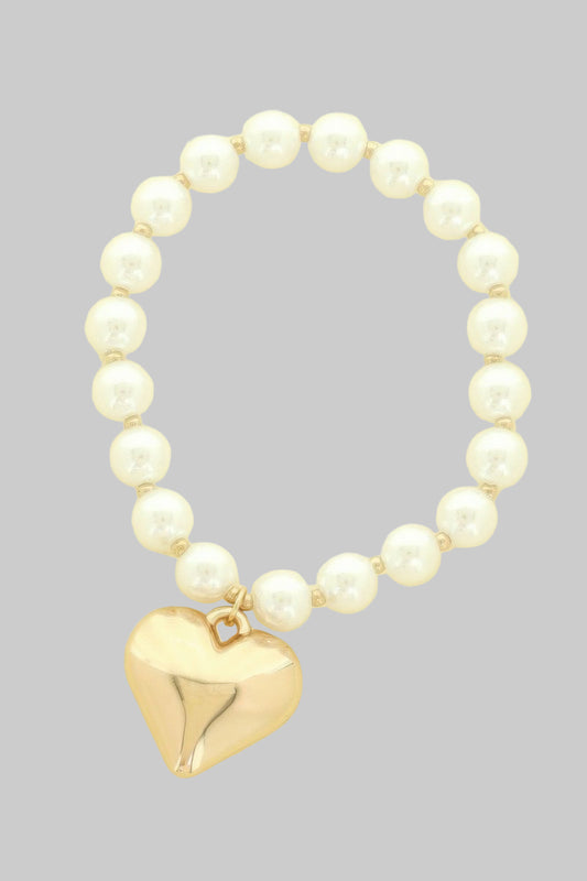 Puff Gold Color Heart Charm Pearl Bracelet - Tigbul's Variety Fashion Shop