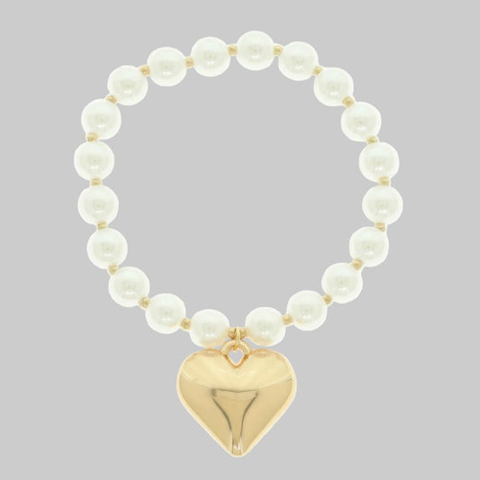 Puff Gold Color Heart Charm Pearl Bracelet - Tigbul's Variety Fashion Shop