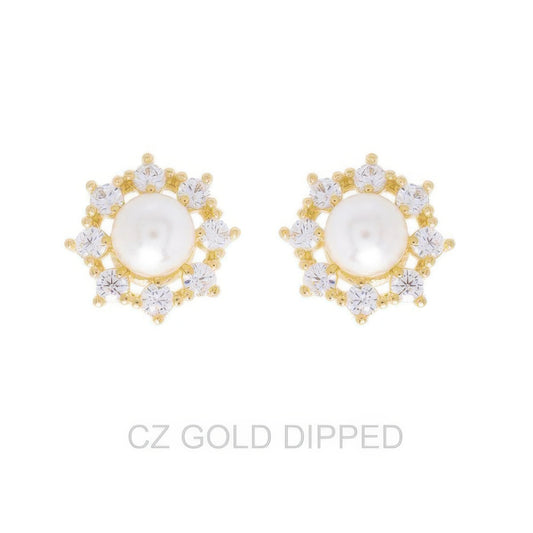 Gold Dipped Cz Pearl Halo Drop Earrings - Tigbul's Variety Fashion Shop