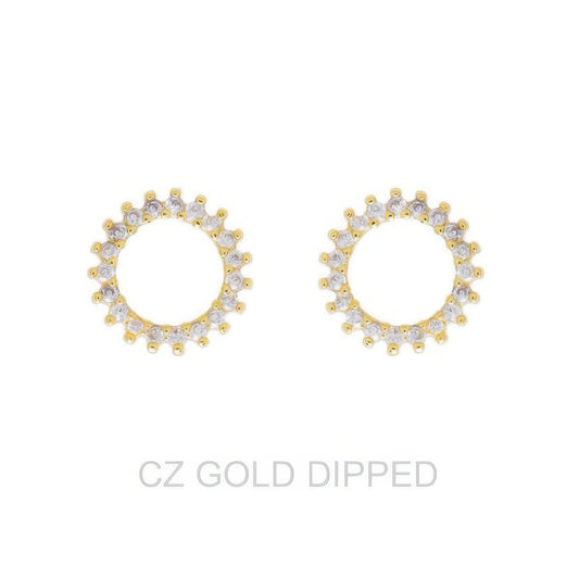 Gold Dipped Cz Sunburst Open Circle Stud Earrings - Tigbul's Variety Fashion Shop