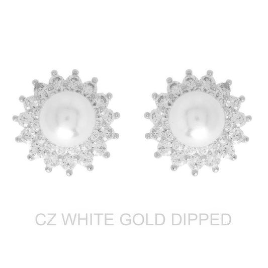 Gold Dipped Cz Pearl Sunburst Halo Drop Earrings - Tigbul's Variety Fashion Shop