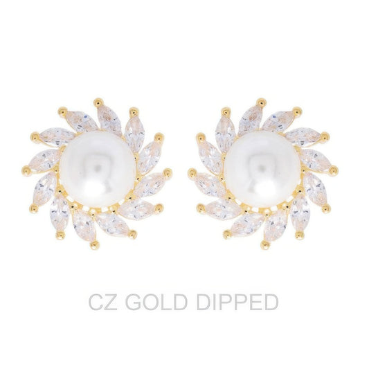 Gold Dipped Cz Pearl Spiral Halo Drop Earrings - Tigbul's Variety Fashion Shop