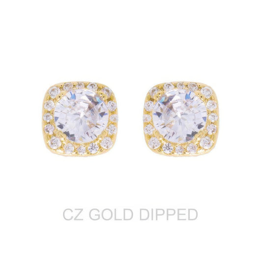 Gold Dipped Cz Square Halo Stud Earrings - Tigbul's Variety Fashion Shop